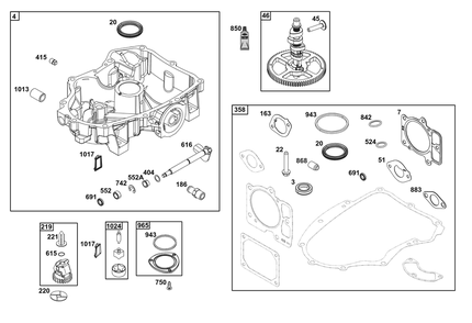 Crankcase Cover/Sump Group Diagram and Parts List for 44U777-0015-G1 400000 - 699999 Briggs and Stratton Engine